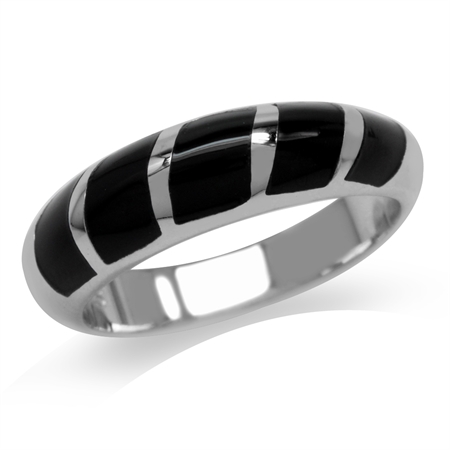 5-Stone Created Black Onyx Inlay White Gold Plated 925 Sterling