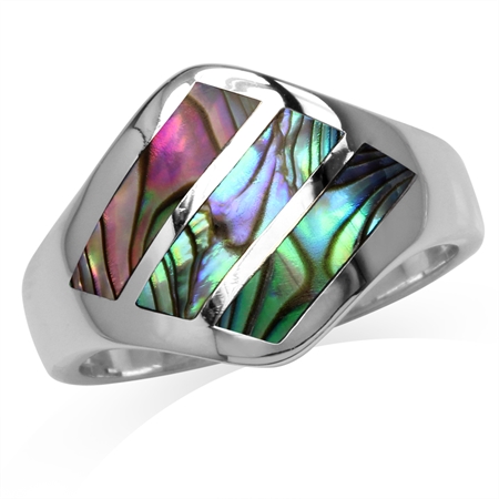 3-Stone Abalone/Paua Shell Inlay White Gold Plated 925 Sterling