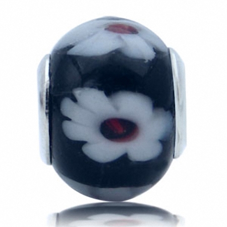 Black & White Murano Glass 925 Sterling Silver Flower European Charm Bead (Fits Pandora Chamilia)
