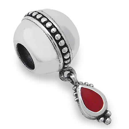 Red Enamel 925 Sterling Silver Bali/Balinese Style Dangle Threaded European Charm Bead