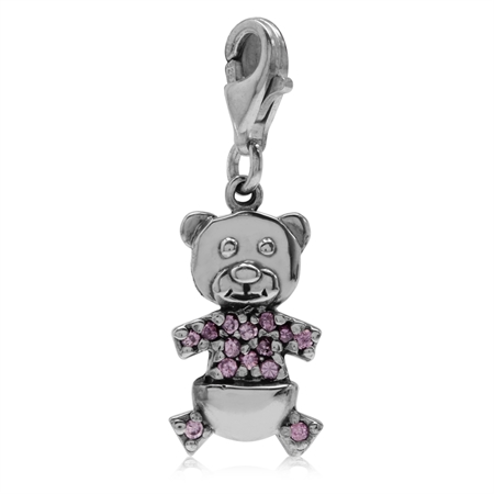 Pink CZ 925 Sterling Silver TEDDY BEAR Dangle Charm