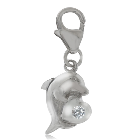 White CZ 925 Sterling Silver Dolphin & Heart Dangle Charm