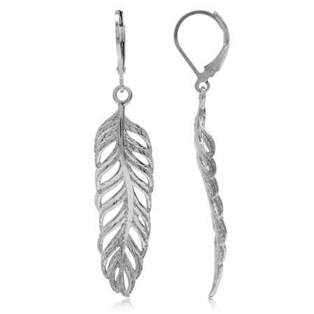 White Gold Plated 925 Sterling Silver Feather Leverback Dangle Earrings