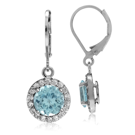 3.16ct. 7MM Genuine Round Shape Blue Topaz 925 Sterling Silver Halo Leverback Earrings