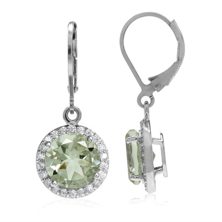 4.28ct 9MM Natural Round Shape Green Amethyst 925 Sterling Silver Halo Leverback Dangle Earrings