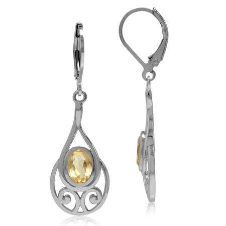 1.48ct. Natural Citrine White Gold Plated 925 Sterling Silver Swirl & Spiral Drop Leverback Earrings