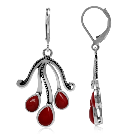 3-Stone Pear Shape Created Red Coral 925 Sterling Silver Tentacle/Octopus Leverback Dangle Earrings