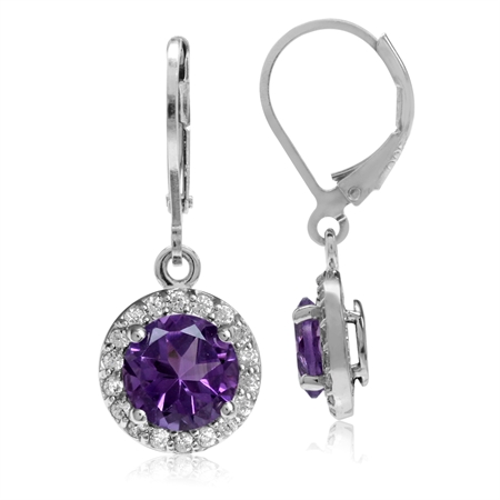 2.44ct. 7MM Natural Round Shape African Amethyst 925 Sterling Silver Halo Leverback Dangle Earrings