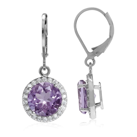 5.08ct. 9MM Natural Round Amethyst White Gold Plated 925 Sterling Silver Halo Leverback Earrings