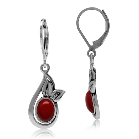 Created Oval Shape Red Coral 925 Sterling Silver Leaf Leverback Dangle Earrings
