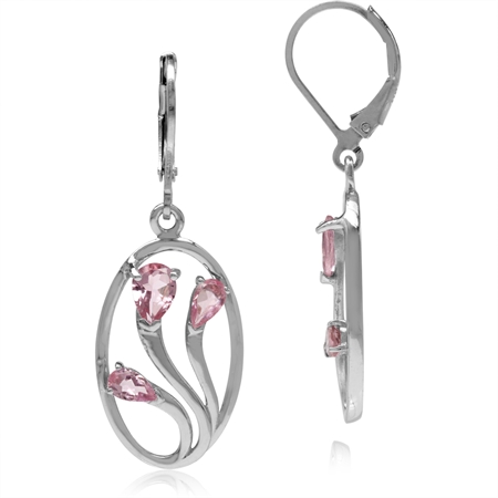 1.5ct. 3-Stone Natural Pear Shape Pink Tourmaline 925 Sterling Silver Leverback Dangle Earrings