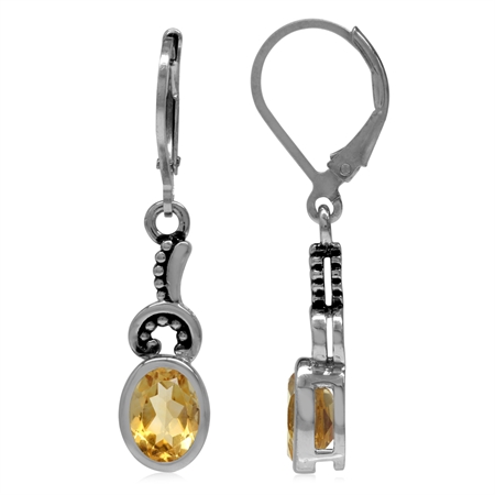 2.42ct 8x6MM Natural Oval Shape Citrine 925 Sterling Silver Balinese Style Leverback Dangle Earrings