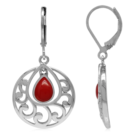 Created Red Coral 925 Sterling Silver Filigree Swirl & Spiral Leverback Dangle Earrings