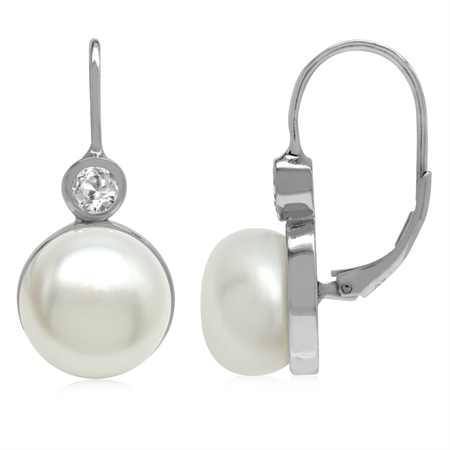 12MM Cultured Freshwater Pearl & White Topaz 925 Sterling Silver Leverback Earrings