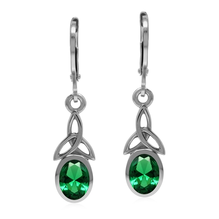 Created Nano Green Emerald 925 Sterling Silver Triquetra Celtic Leverback Earrings