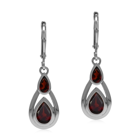 Natural Red Garnet 925 Sterling Silver Contemporary Leverback Earrings