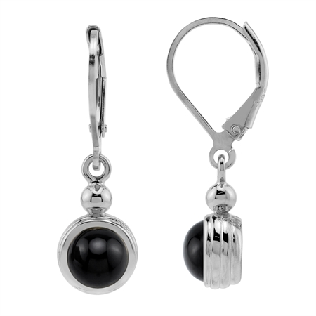 6MM Natural Black Onyx White Gold Plated 925 Sterling Silver Minimalist Casual Leverback Earrings