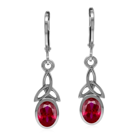 Created Red Ruby 925 Sterling Silver Triquetra Celtic Knot Leverback Earrings