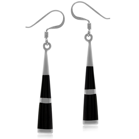 Created Black Onyx Inlay White Gold Plated 925 Sterling Silver Long Stick Dangle Hook Earrings