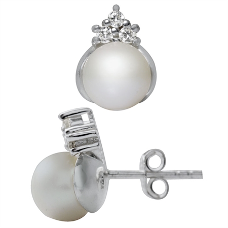 Cultured Freshwater White Pearl & CZ 925 Sterling Silver Post Earrings