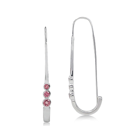 3-Stone Natural Pink Tourmaline 925 Sterling Silver J-Hoop Earrings