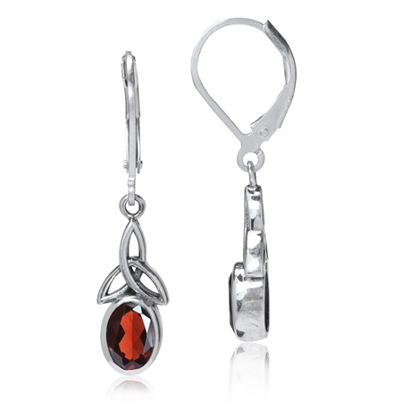 1.82ct. Natural Garnet 925 Sterling Silver Triquetra Celtic Knot Leverback Dangle Earrings