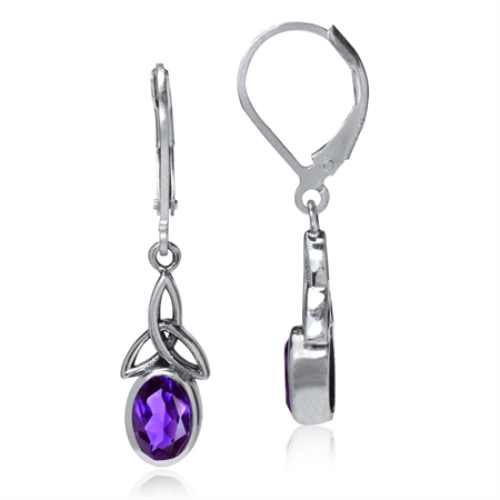 1.42ct. Natural African Amethyst 925 Sterling Silver Triquetra Celtic Knot Leverback Dangle Earrings