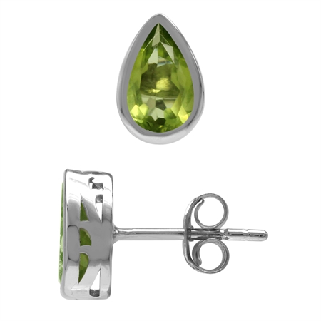 1.82ct. 8x5MM Natural Pear Shape Peridot White Gold Plated 925 Sterling Silver Stud Earrings