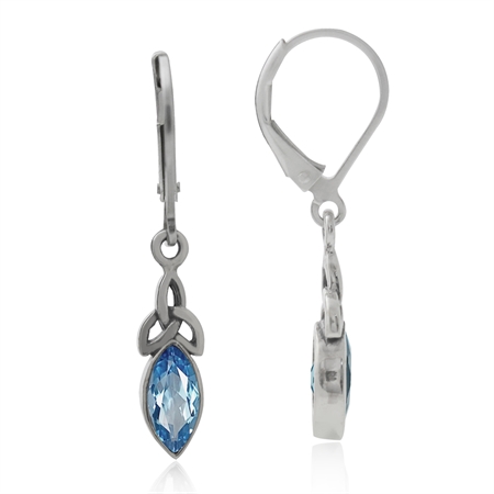8x4MM Genuine Marquise Shape Blue Topaz 925 Sterling Silver Triquetra Celtic Knot Leverback Earrings