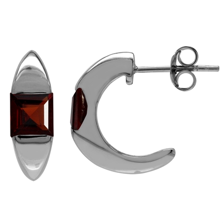 1.74ct. 5MM Natural Square Shape Garnet White Gold Plated 925 Serling Silver C-Hoop Earrings