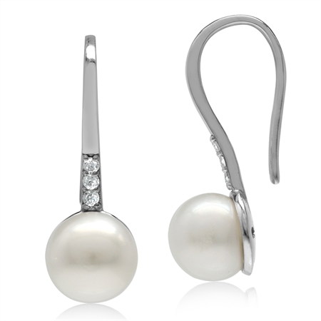 8MM Cultured Freshwater Pearl White Gold Plated 925 Sterling Silver Hook Earrings