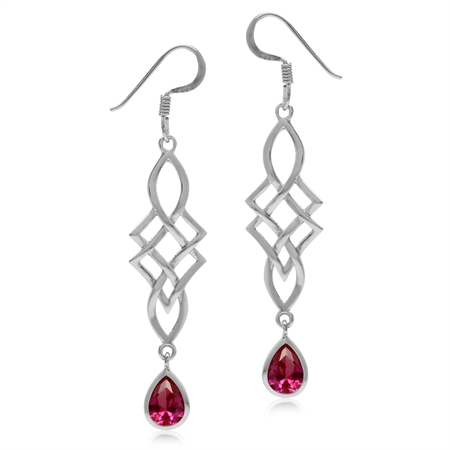 Synthetic Ruby White Gold Plated 925 Sterling Silver Celtic Knot/Weave Dangle Hook Earrings