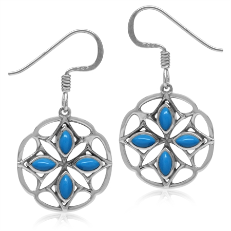 Created Blue Turquoise 925 Sterling Silver Southwest Inspired Circle Dangle Hook Earrings