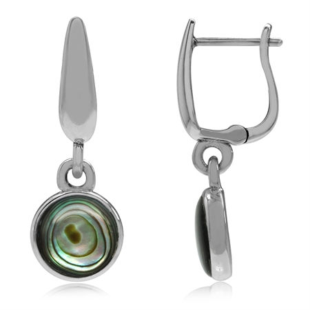 925 Sterling Silver Huggie Hoop Earrings w/ Abalone/Paua Shell Dangle Drop