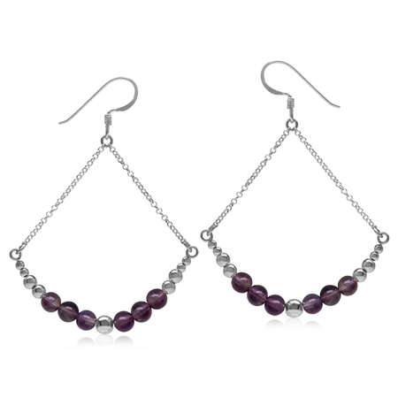 Graduated Amethyst w/Bead Balls 925 Sterling Silver White Gold Plated Chain Dangle Earrings
