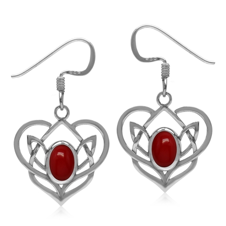 Created Red Coral 925 Sterling Silver Celtic Heart Knot Dangle Earrings-Light Weight