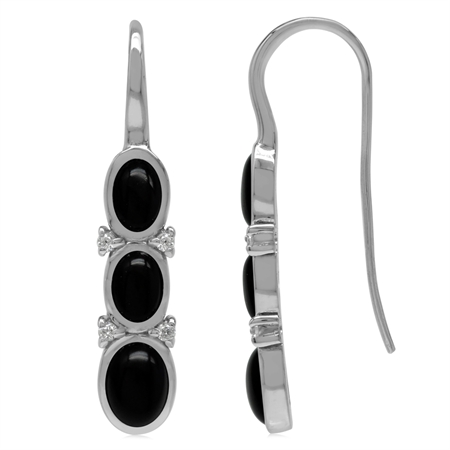3-Stone Genuine Oval Shape Black Onyx & White CZ 925 Sterling Silver Hook Earrings