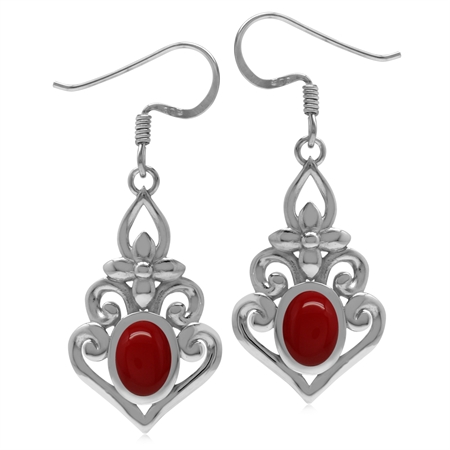 Created Red Coral 925 Sterling Silver Victorian Inspired Chandelier Dangle Earrings