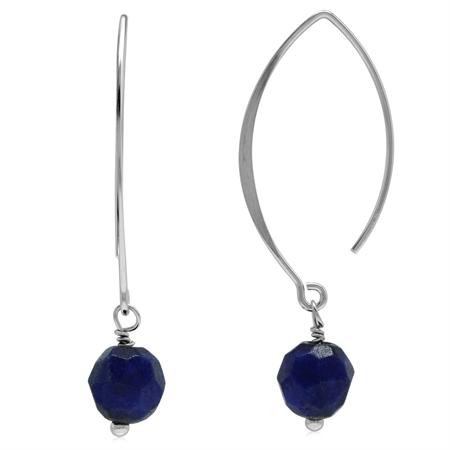 Genuine Blue Lapis Faceted Bead Ball 925 Sterling Silver Ear Wire Hook Dangle Earrings