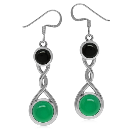 Genuine Green and Black Onyx 925 Sterling Silver Contemporary Twist Earrings