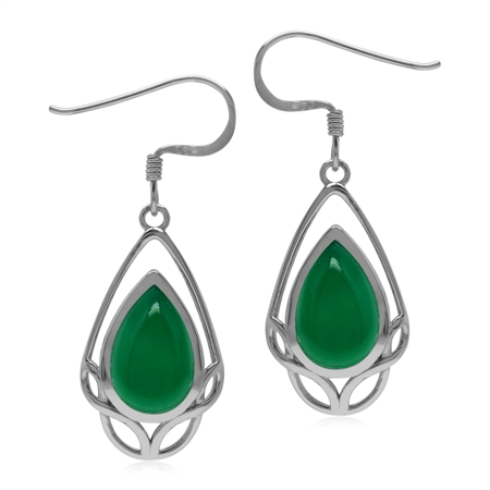 Genuine Emerald Green Onyx 925 Sterling Silver Celtic Knot Weave Dangle Drop Earrings