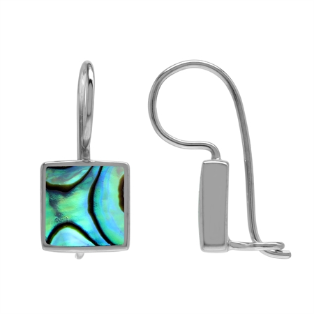 Natural 9 mm Square Abalone/Puau Shell Inlay 925 Sterling Silver Hook Lock Earrings