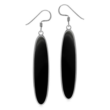 Natural 40*8 mm Black Onyx Inlay 925 Sterling Silver Dangle Hook Long Slim Earrings