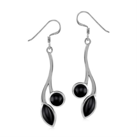 Natural Black Onyx 925 Sterling Silver Contemporay Leaf Inspired Long Dangle Hook Earrings