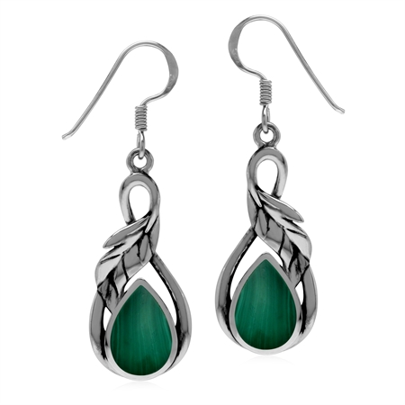 Created Green Malachite Inlay 925 Sterling Silver Dangle Hook Leaf Earrings