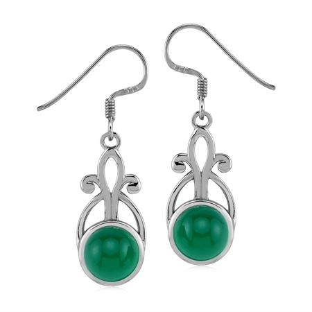 8MM Genuine Emerald Green Onyx 925 Sterling Silver Fleur De Lis Inspired Dangle Drop Earrings