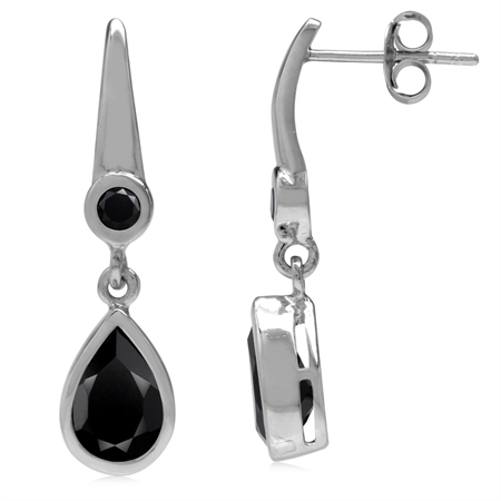 2.6ct. Natural Pear Shape Black Onyx White Gold Plated 925 Sterling Silver Drop Dangle Post Earrings
