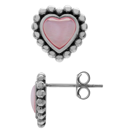 Heart Shape Pink Mother Of Pearl 925 Sterling Silver Balinese Style Post Earrings