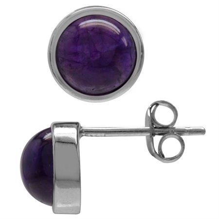 7MM Cabochon Amethyst White Gold Plated 925 Sterling Silver Stud/Post Earrings