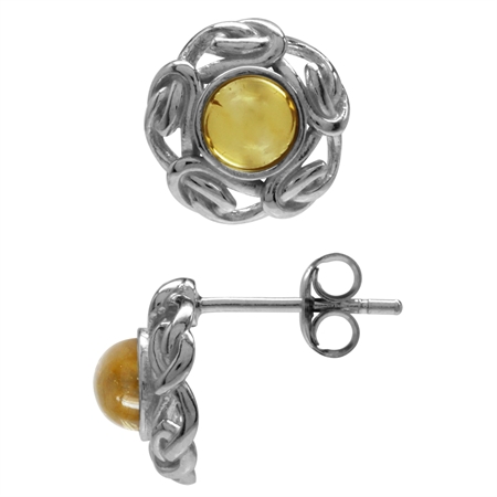 Cabochon Citrine White Gold Plated 925 Sterling Silver Celtic Knot Stud/Post Earrings